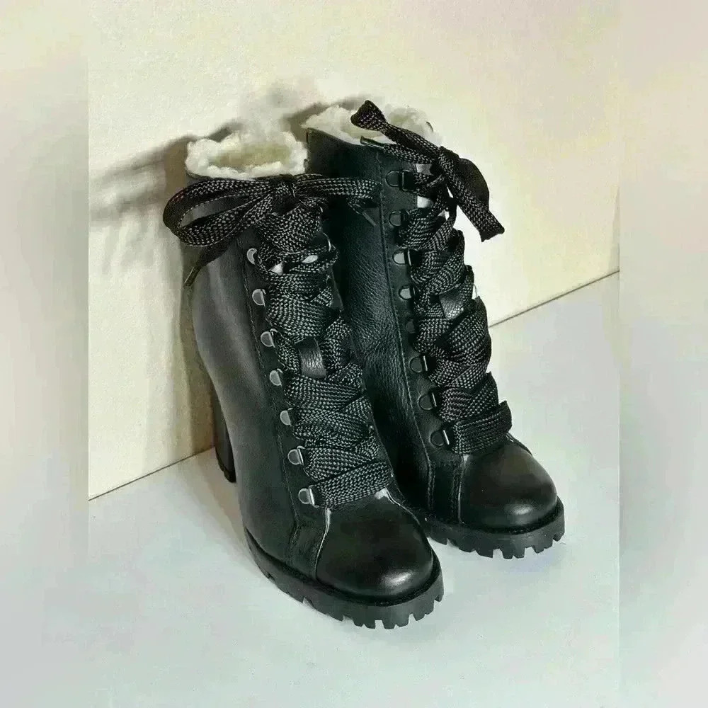 Schutz Zhara Lace Combat Boots 7.5 NWOT Sherpa Shearling Winter Goth Punk